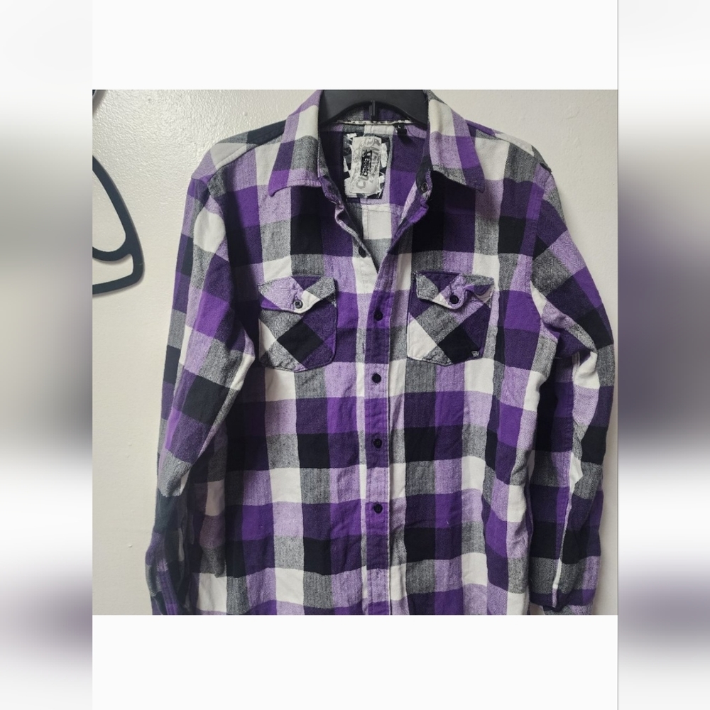 Ocean Current Black Purple White Plaid Flannel Mens Button Down Shirt Large NWOT